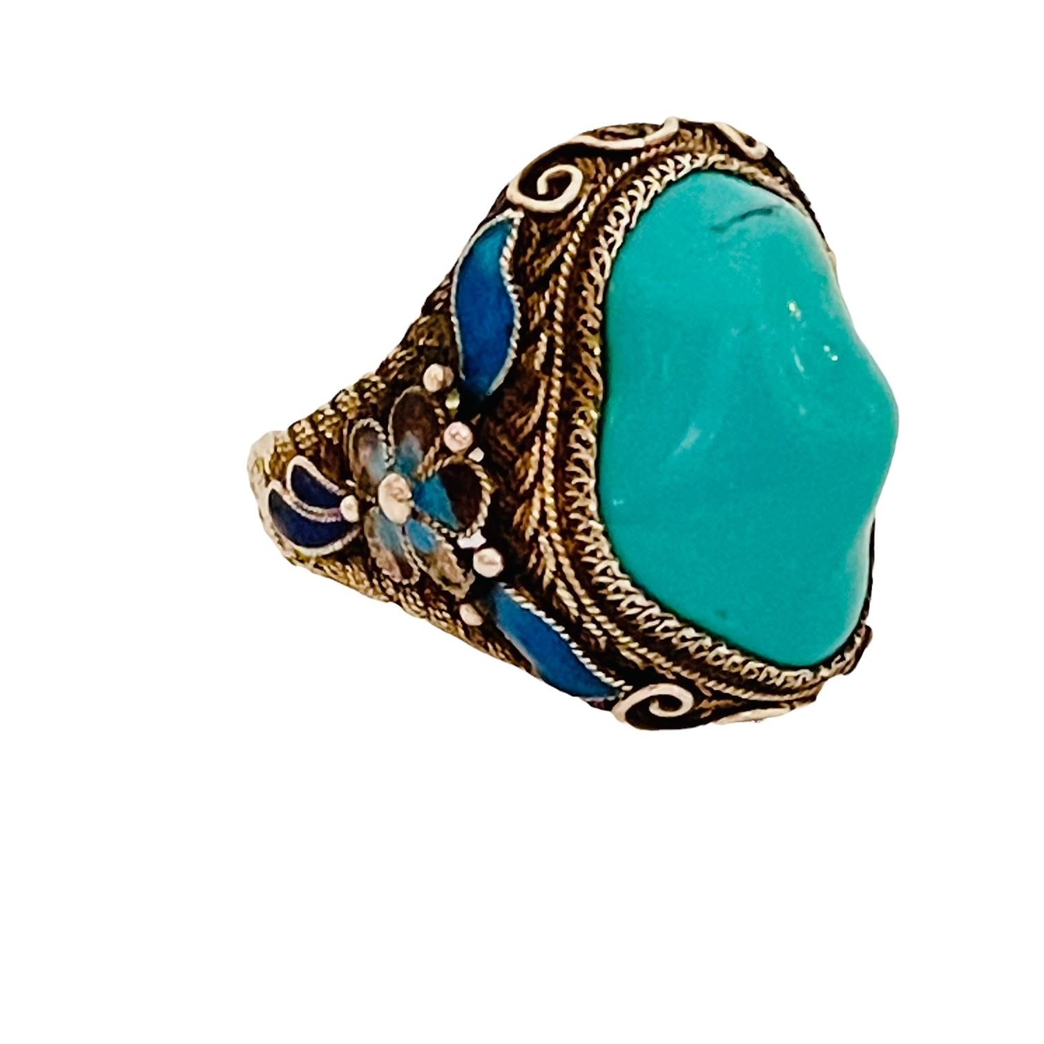 Native American Sterling Turquoise & Blue Enamel Handmade Ring, Stamped 1