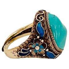 Native American Sterling Turquoise & Blue Enamel Handmade Ring, Stamped