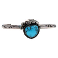 Native American Sterling Turquoise Feather Solitaire Cuff Bracelet 6 1/4" - 925