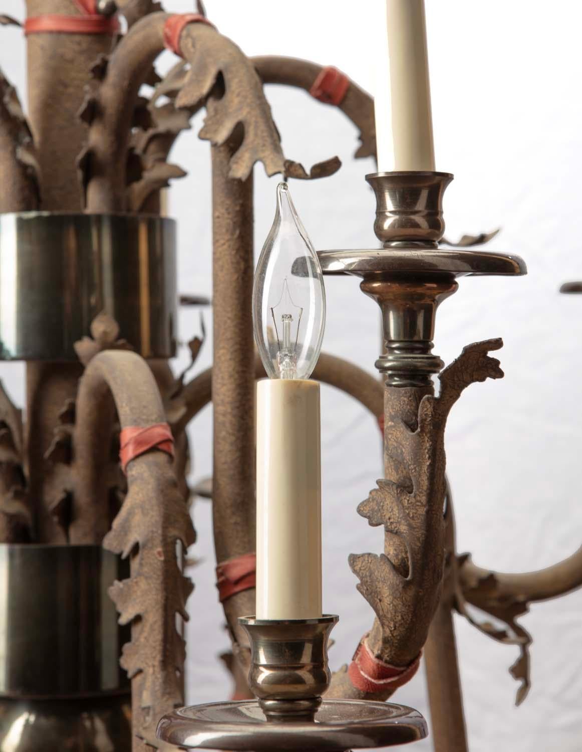 Appliqué Native American Style Red Leather Banded Acanthas Leafed Chandelier For Sale