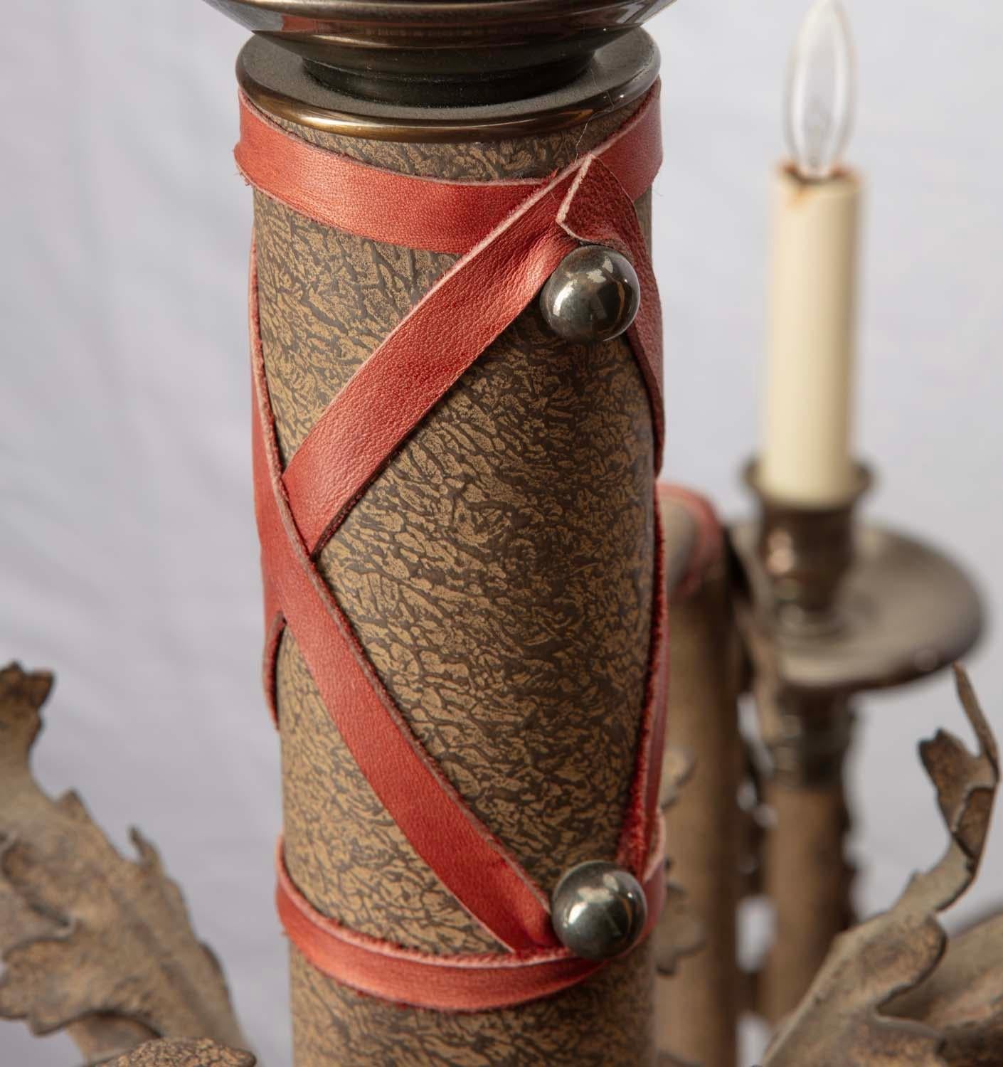 Late 20th Century Native American Style Red Leather Banded Acanthas Leafed Chandelier For Sale
