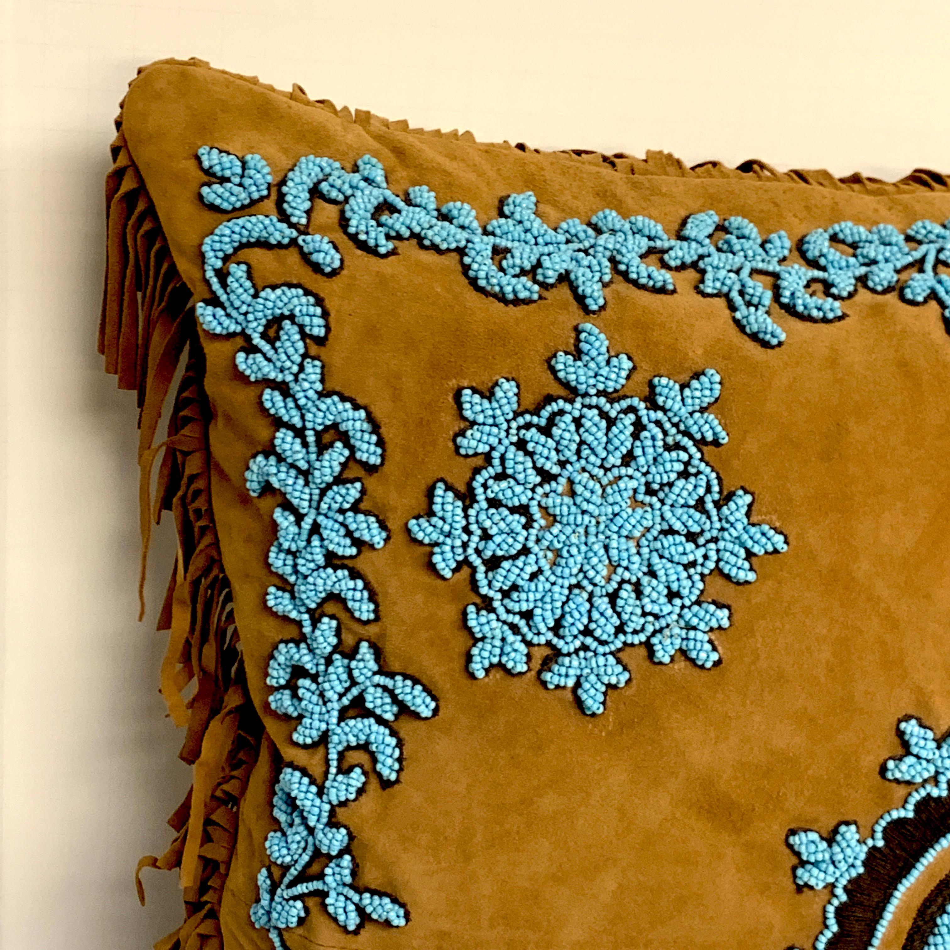 Beaded Native American Style Suede Pillow with Turquoise Glass Beadwork For Sale