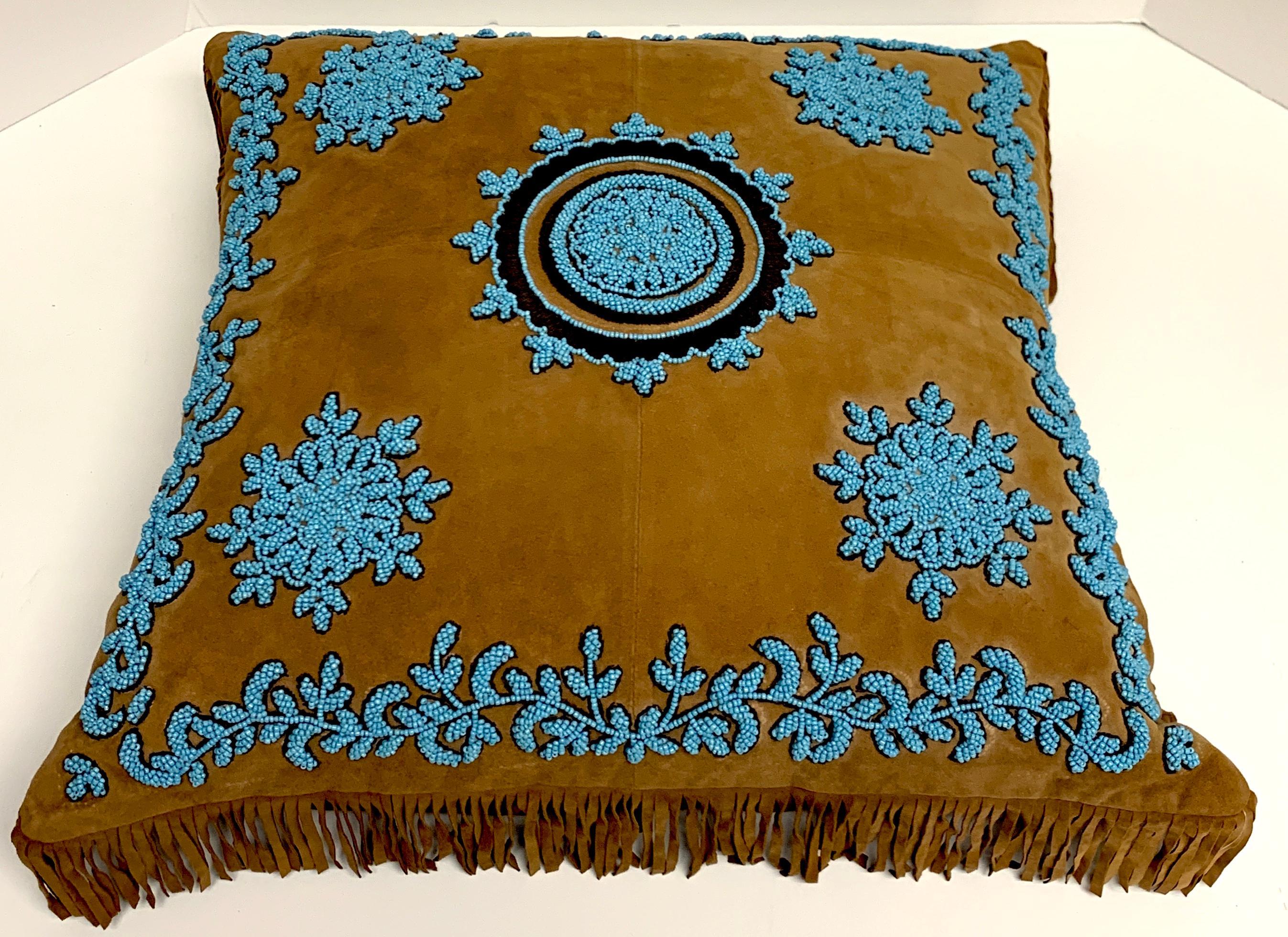 20th Century Native American Style Suede Pillow with Turquoise Glass Beadwork For Sale