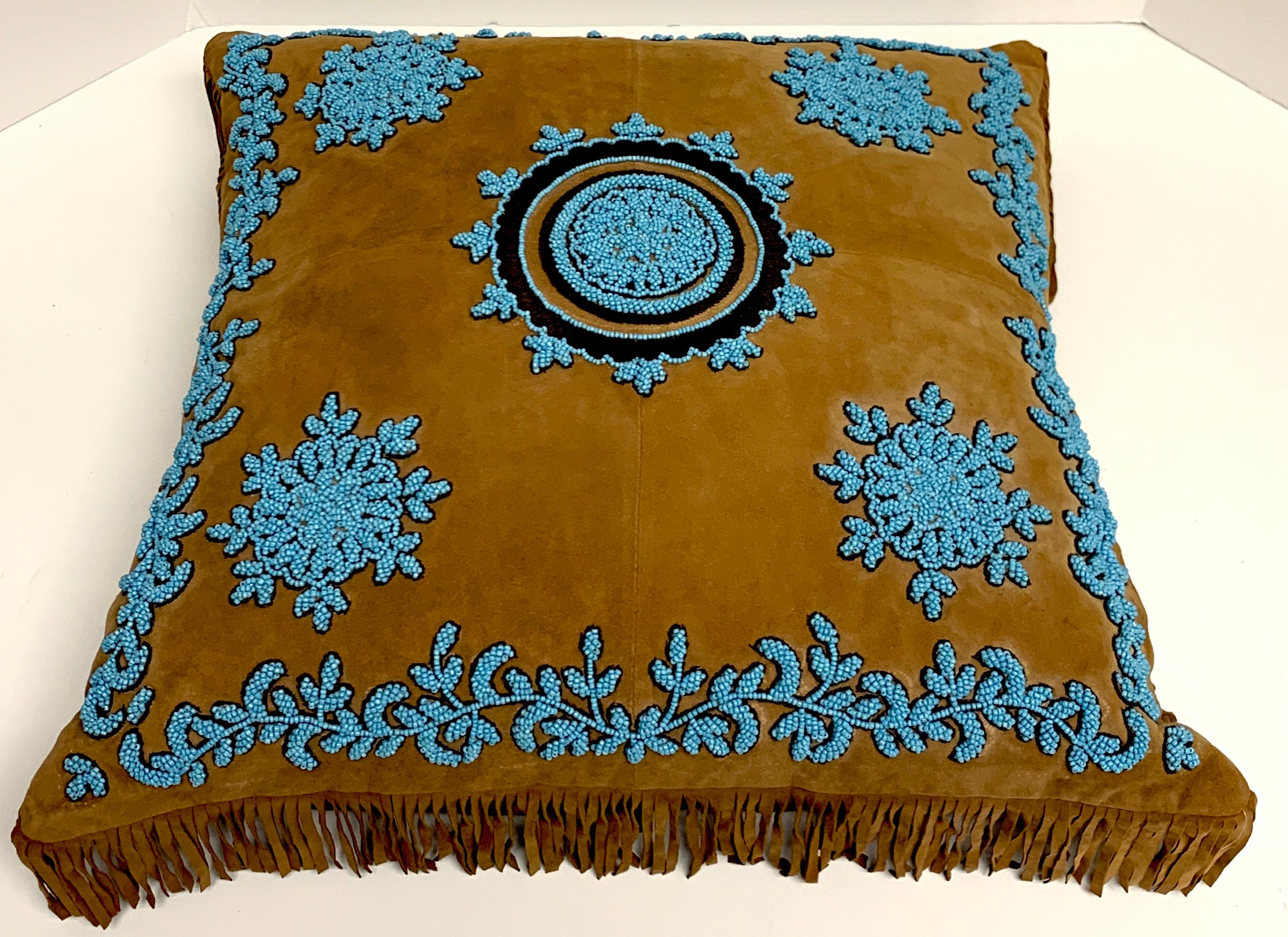 Native American Style Suede Pillow with Turquoise Glass Beadwork In Good Condition For Sale In Atlanta, GA