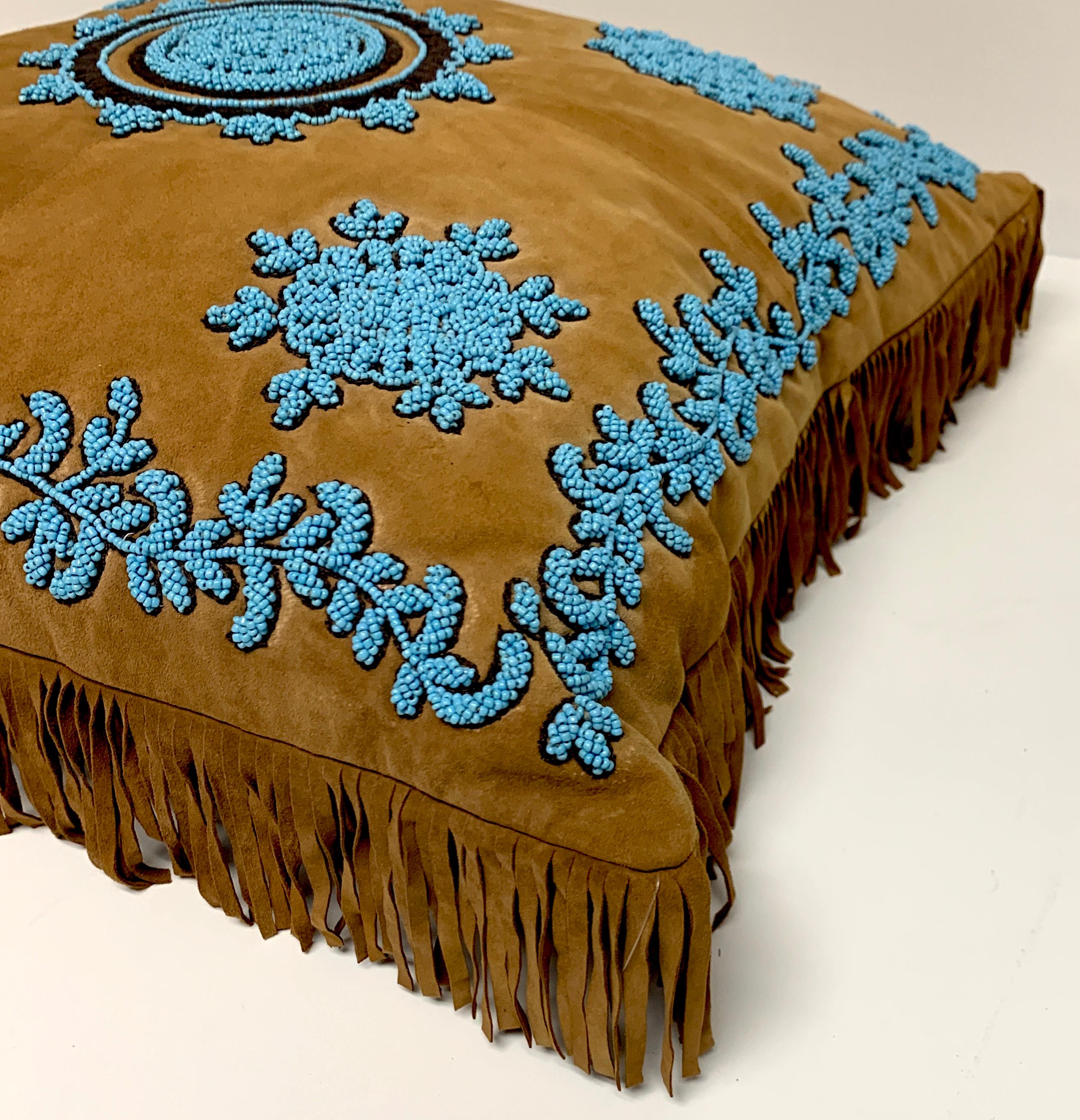 20th Century Native American Style Suede Pillow with Turquoise Glass Beadwork For Sale