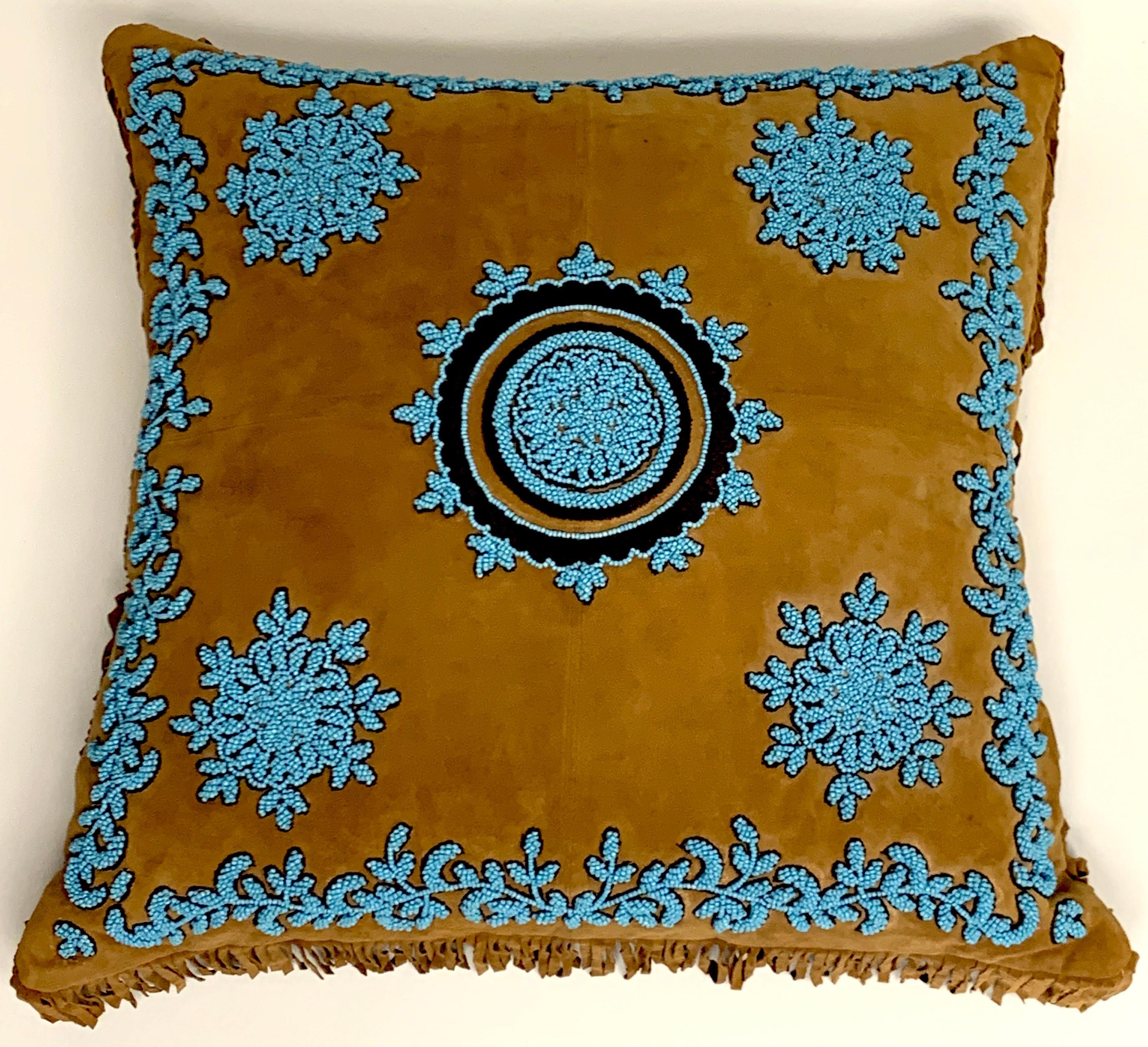 Native American Style Suede Pillow with Turquoise Glass Beadwork For Sale 2