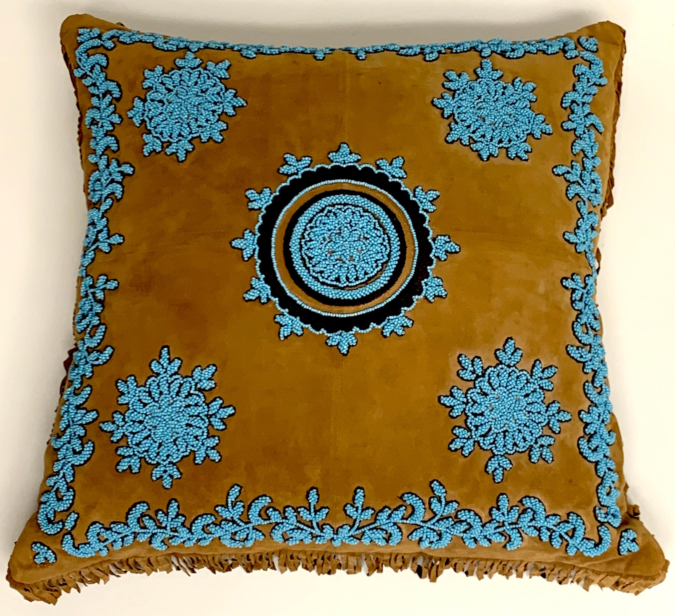 Native American Style Suede Pillow with Turquoise Glass Beadwork For Sale 1