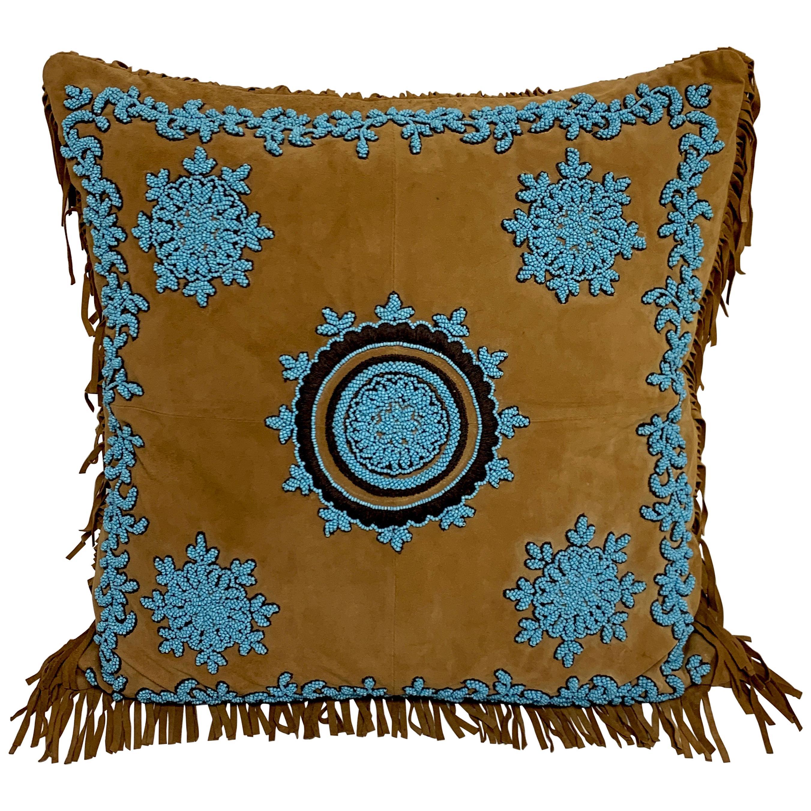 Native American Style Suede Pillow with Turquoise Glass Beadwork For Sale