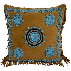 Vintage Native American Style Suede Pillow with Turquoise Glass Beadwork