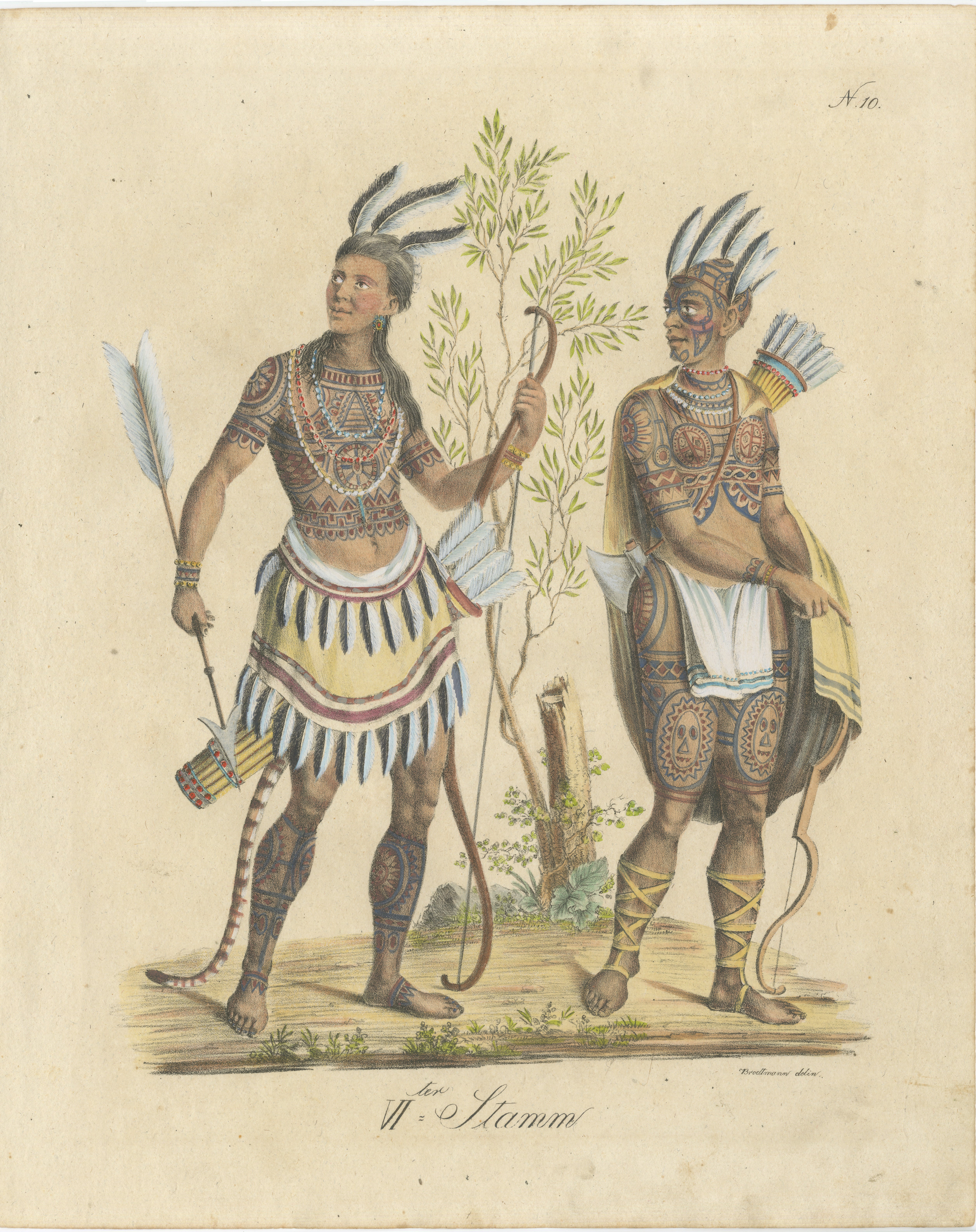 Native American Tattoos & Tribal Dress, Brodtmann Lithograph, 1816