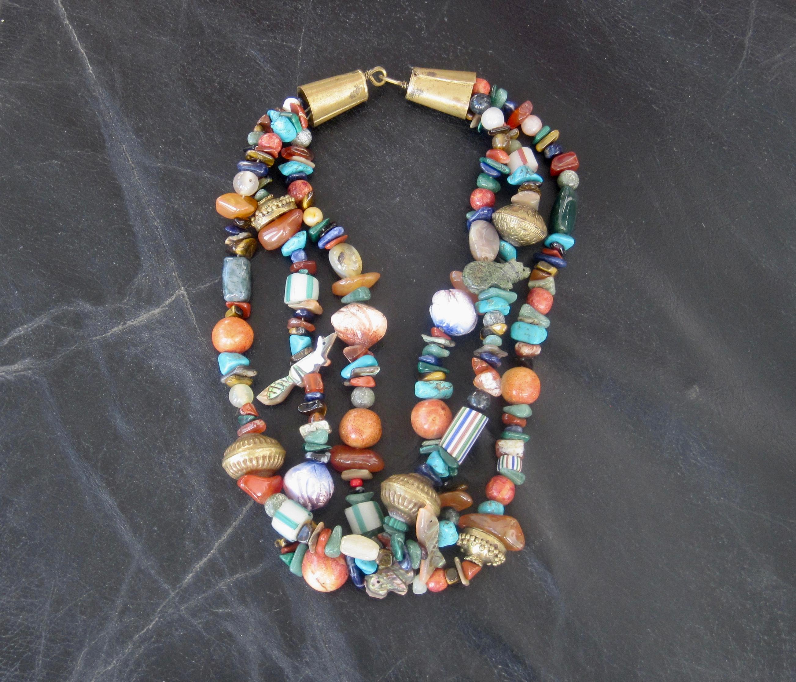 North American Native American Three Strand Treasure Necklace For Sale