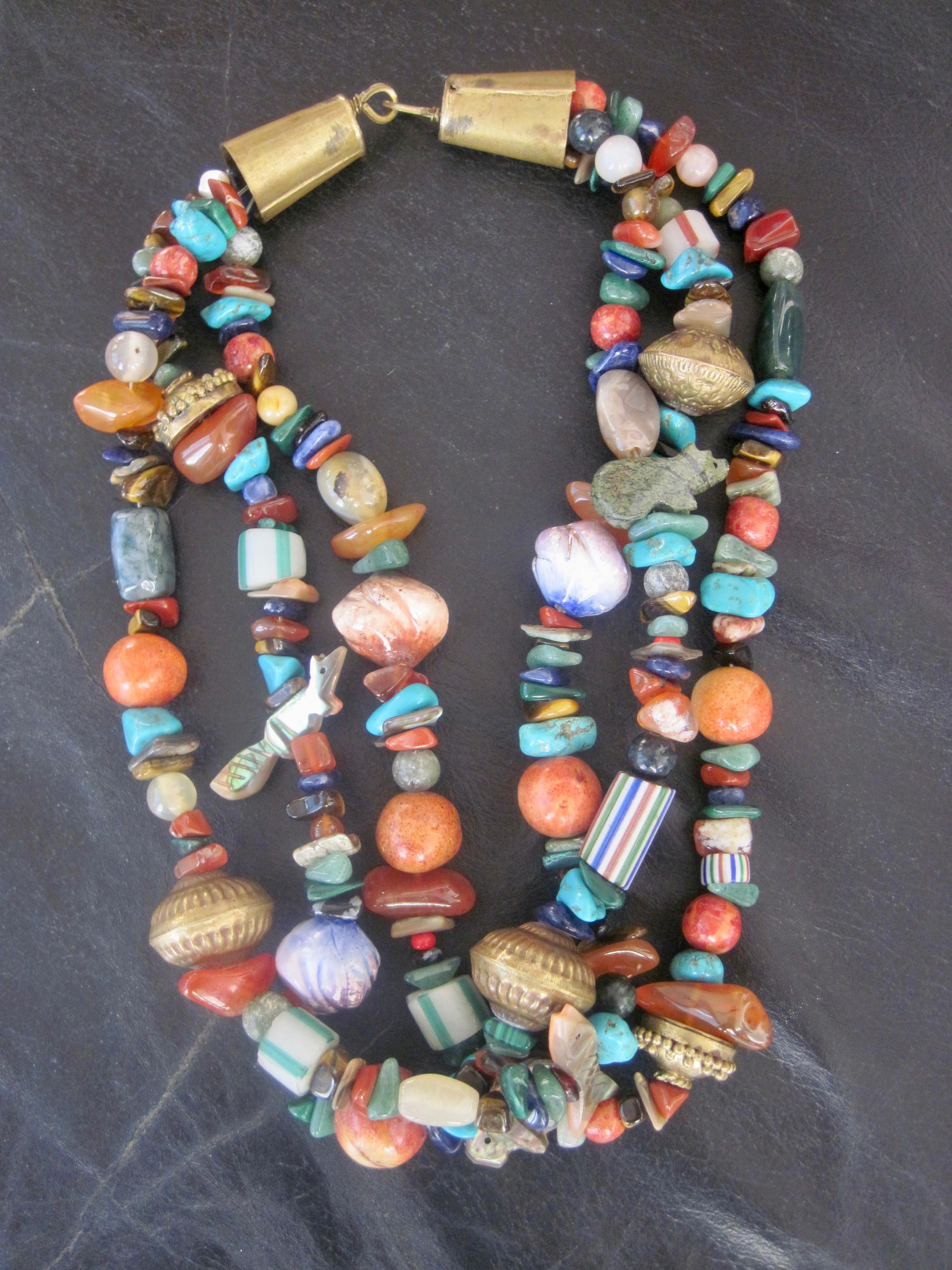 20th Century Native American Three Strand Treasure Necklace For Sale