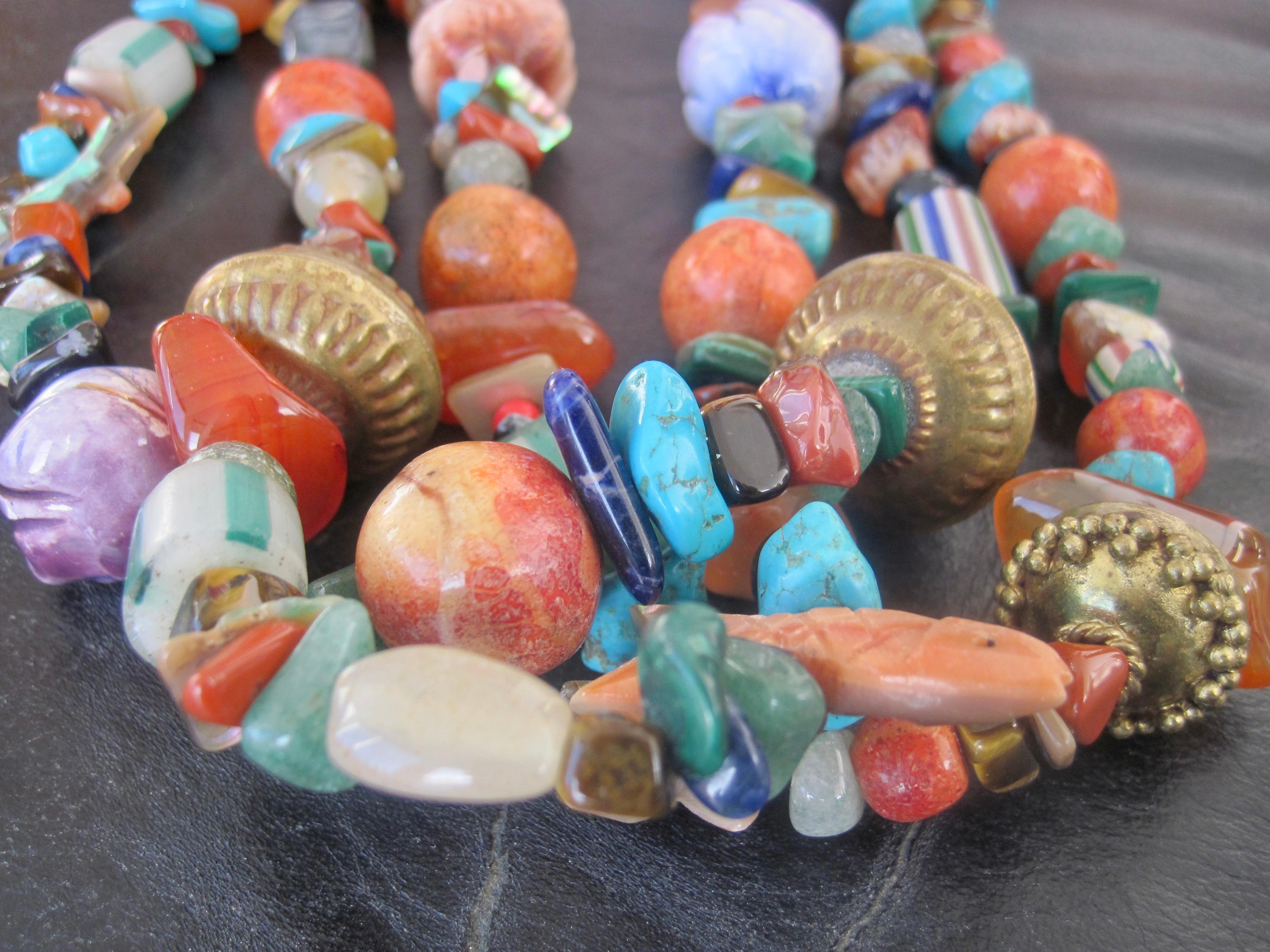Metal Native American Three Strand Treasure Necklace For Sale