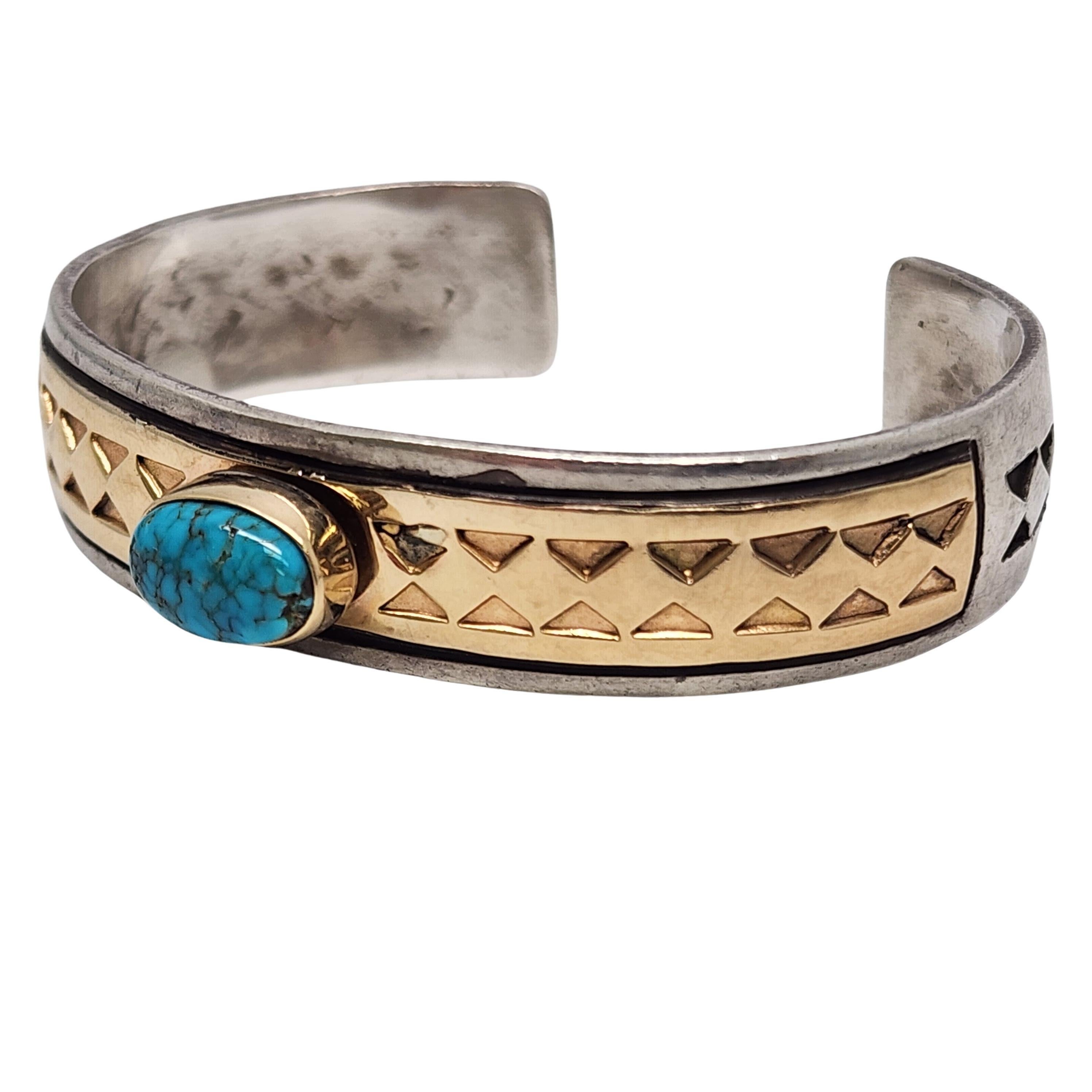 Native American Tillie Jon Sterling Silver 14K Turquoise Cuff Bracelet #17669 1