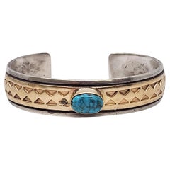 Vintage Native American Tillie Jon Sterling Silver 14K Turquoise Cuff Bracelet #17669
