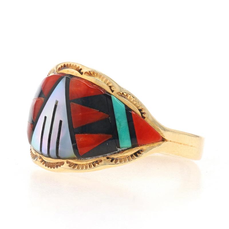 Mixed Cut Native American Tim Bedah Navajo Coral Onyx Turq Ring Yellow Gold 14k Inlay Sz 6 For Sale