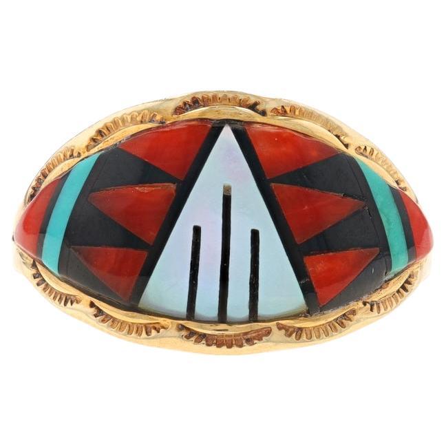 Native American Tim Bedah Navajo Coral Onyx Turq Ring Yellow Gold 14k Inlay Sz 6 For Sale