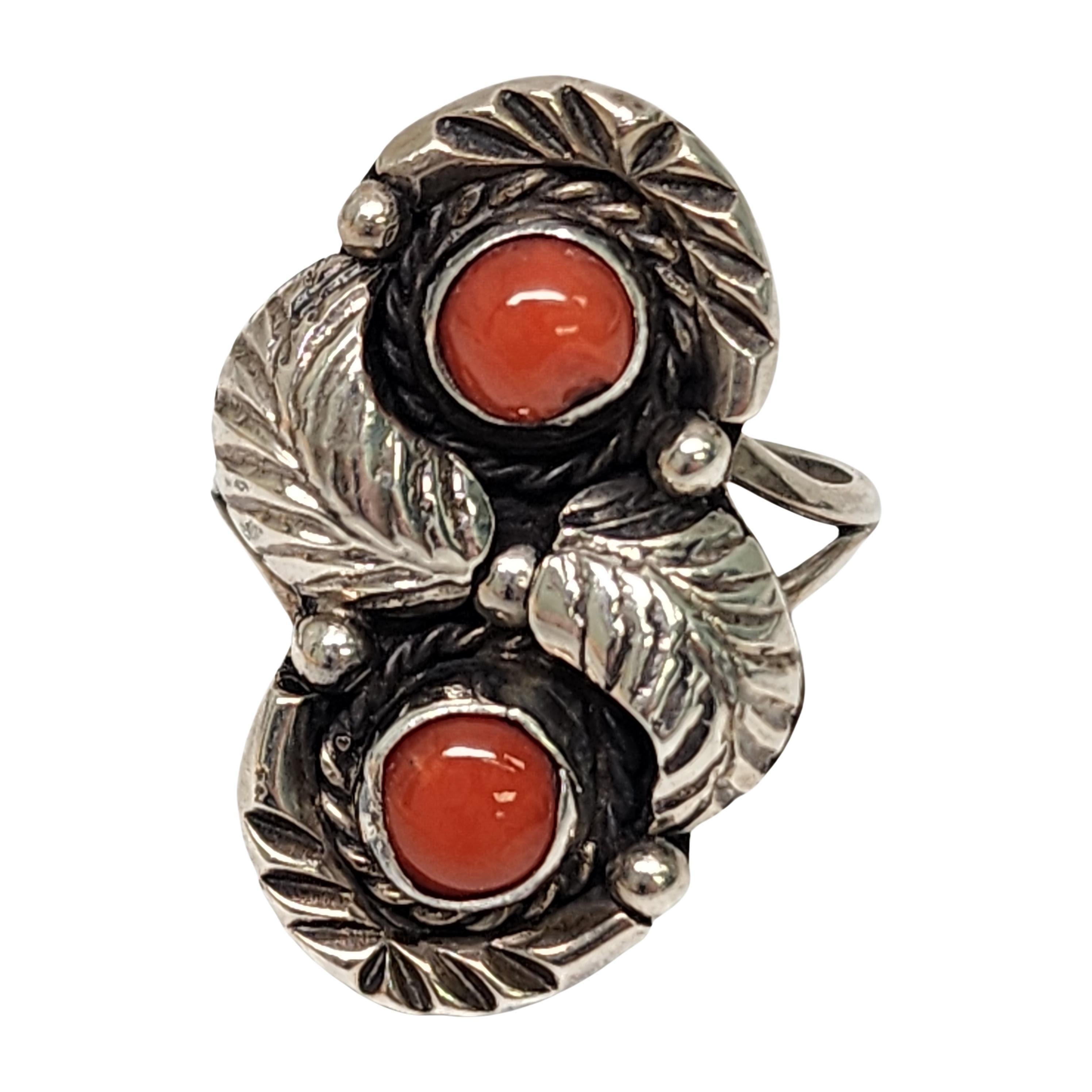 Native American Tom Willetto Silver Coral Ring Size 4.5 #16703 For Sale 1