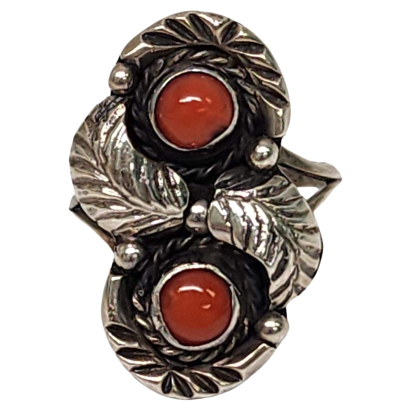 Native American Tom Willetto Silver Coral Ring Size 4.5 #16703 For Sale