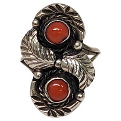Native American Tom Willetto Silver Coral Ring Size 4.5 #16703