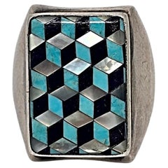 Native American Tsos Allen Brown Sterling Silver Inlay Ring Size 6 3/4 #19109