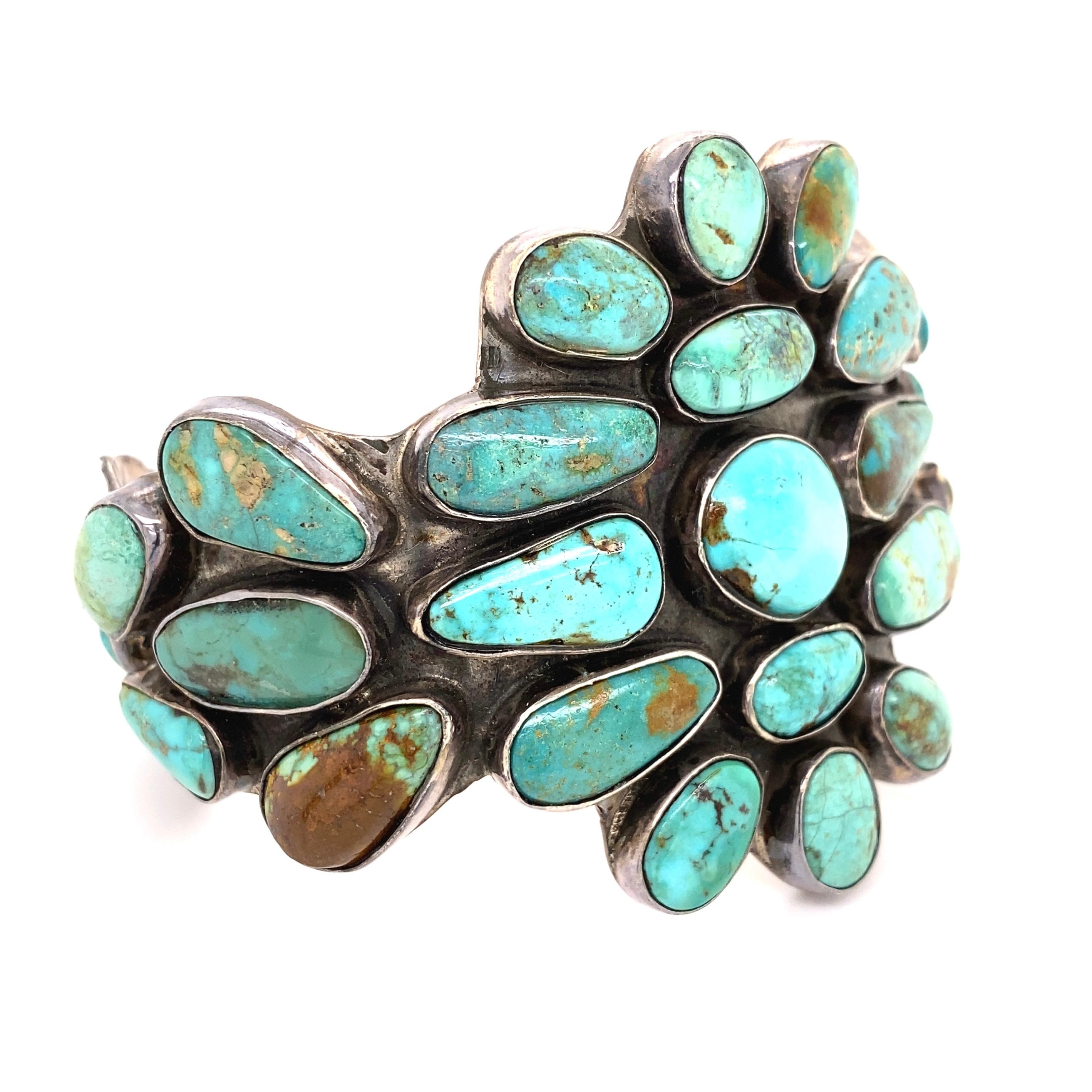 Highly desirable Very Fine Large Native American Navajo Turquoise Sterling Silver Cuff Bracelet. Signed JF Artist: Federico Jimenez. Approx. Dimensions: 3.16” L x 2.32” W x 2.39” H.  Hand crafted in 925 Sterling Silver. More Beautiful in real