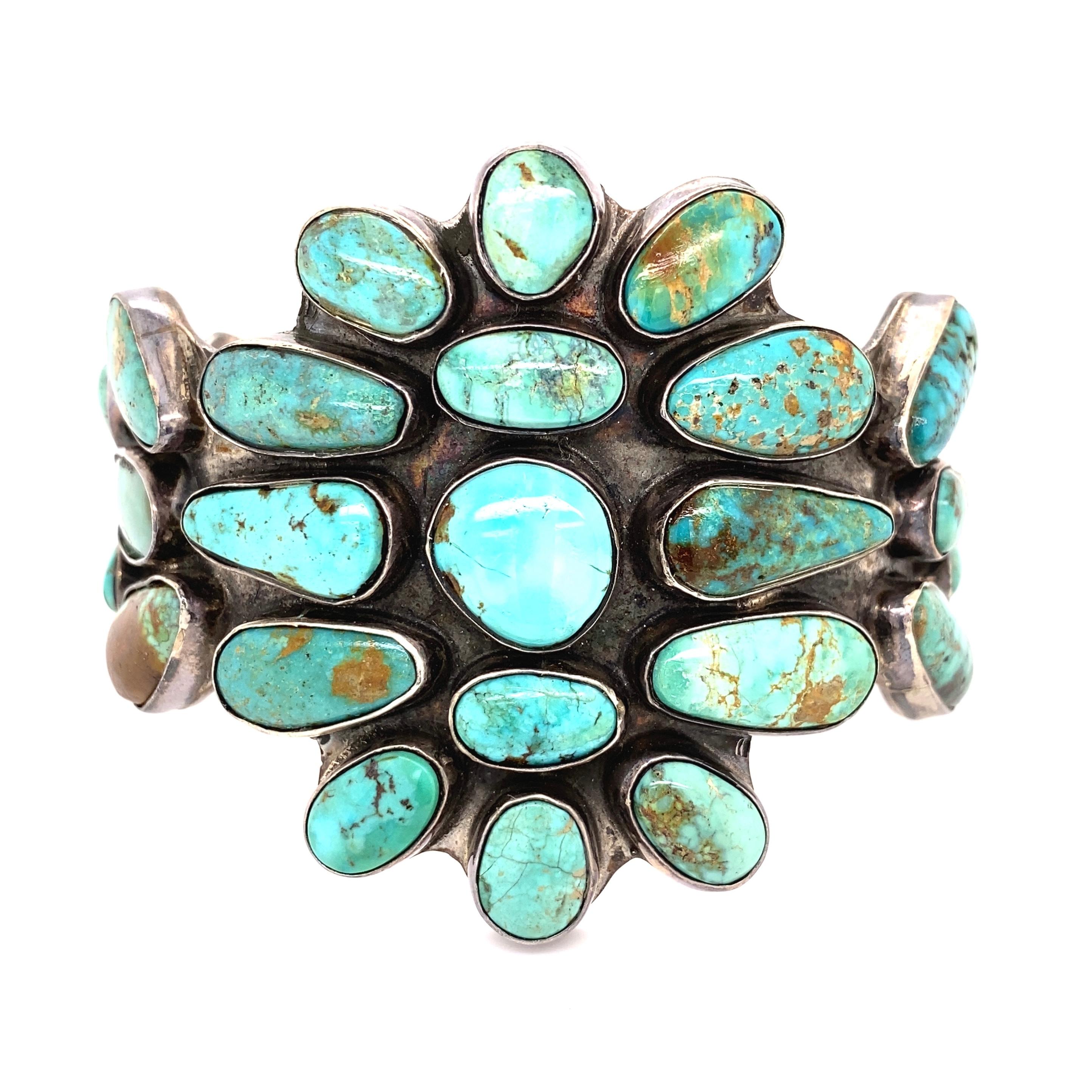 Native American Turquoise 925 Silver Federico Jimenez Signed JF Cuff Bracelet In Excellent Condition In Montreal, QC