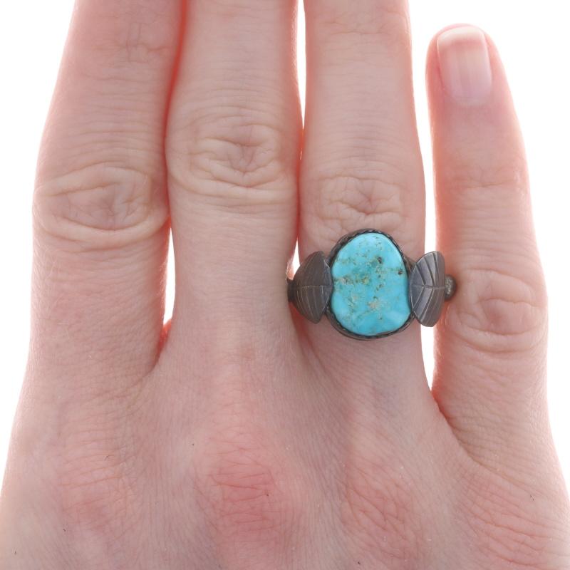 Mixed Cut Native American Turquoise Cocktail Solitaire Ring Sterling 925 Leaves Size 6 1/2 For Sale