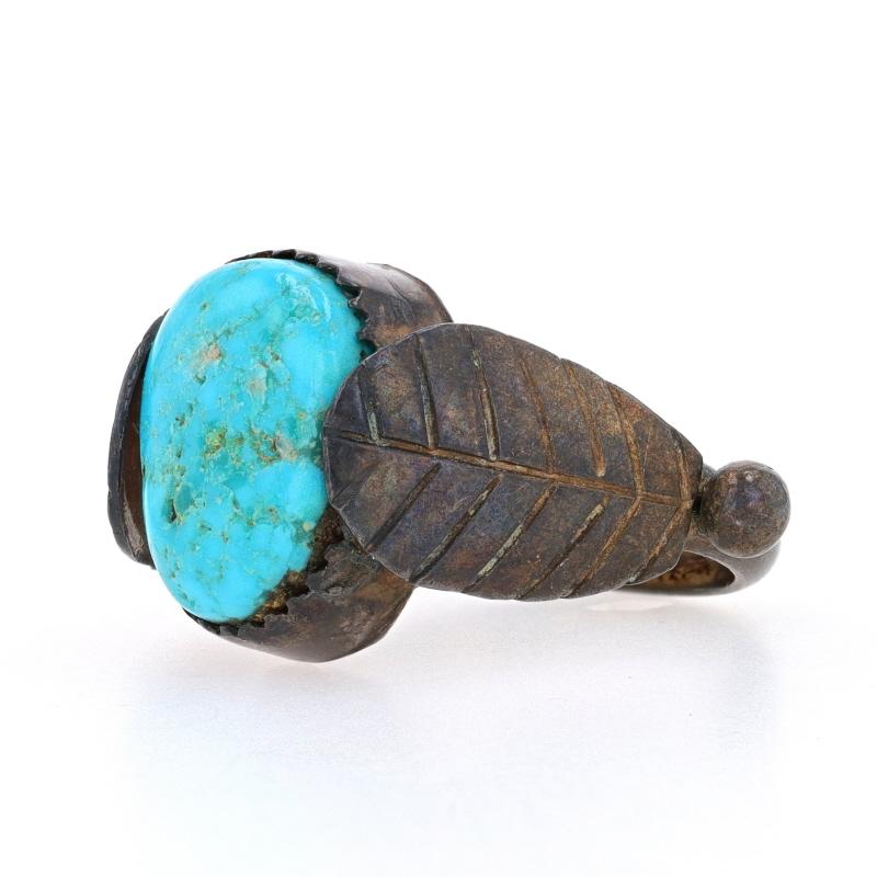 Native American Turquoise Cocktail Solitaire Ring Sterling 925 Leaves Size 6 1/2 In Excellent Condition For Sale In Greensboro, NC