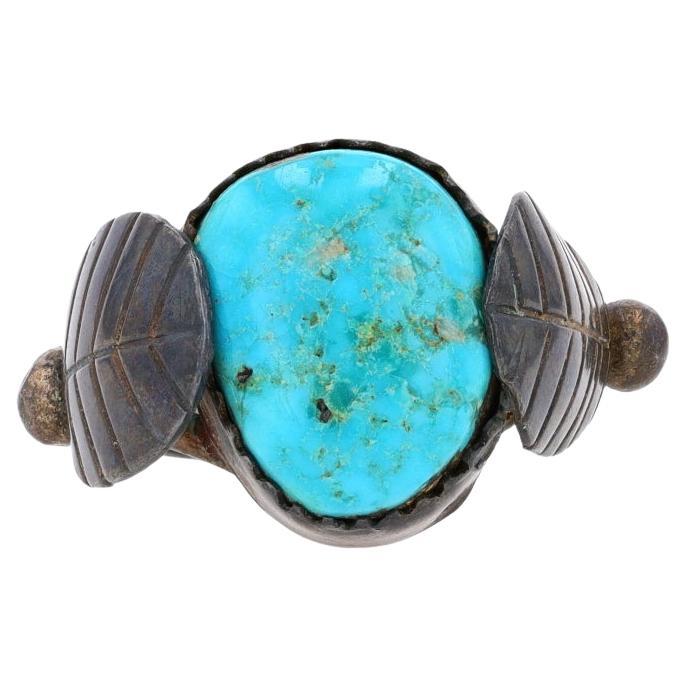 Native American Turquoise Cocktail Solitaire Ring Sterling 925 Leaves Size 6 1/2 For Sale