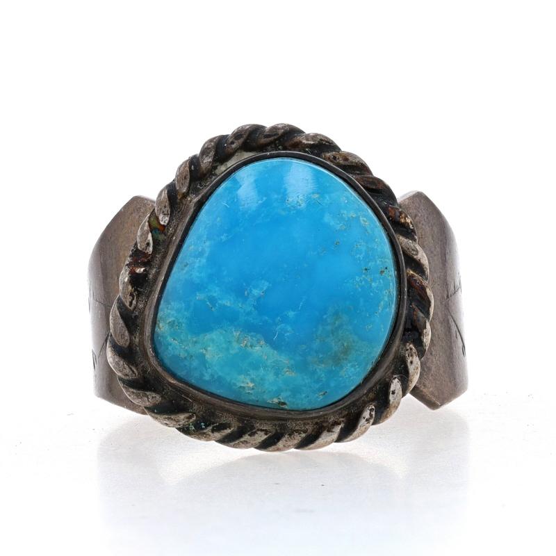 Size: 8 1/2
Sizing Fee: Up 1 size for $30

Native American

Metal Content: 925 Sterling Silver

Stone Information

Natural Turquoise
Treatment: Routinely Enhanced
Color: Blue

Style: Cocktail Solitaire
Features: Rope-textured border & etched