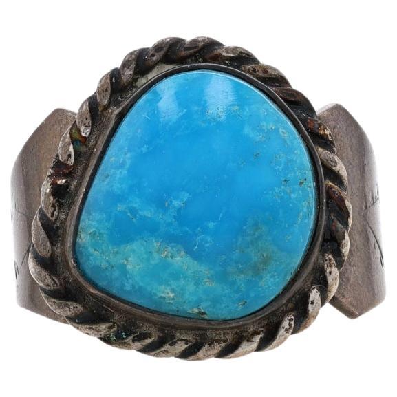 Native American Turquoise Cocktail Solitaire Ring - Sterling Silver 925 For Sale