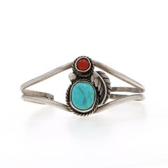 Native American Turquoise Coral Cuff Bracelet 6" - Sterling 925 Oval Cabochon