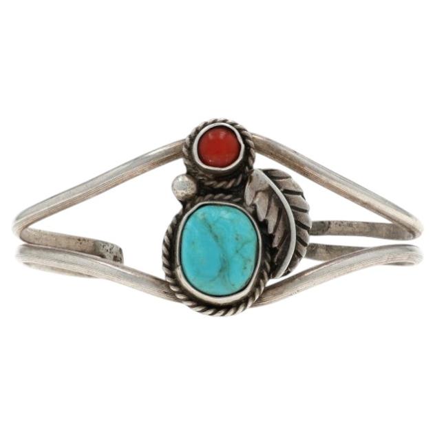 Native American Turquoise Coral Cuff Bracelet 6" - Sterling 925 Oval Cabochon For Sale