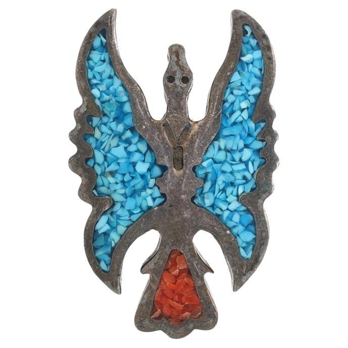 Native American Turquoise & Coral Mosaic Peyote Bird Pendant Ster 925 Water Bird For Sale
