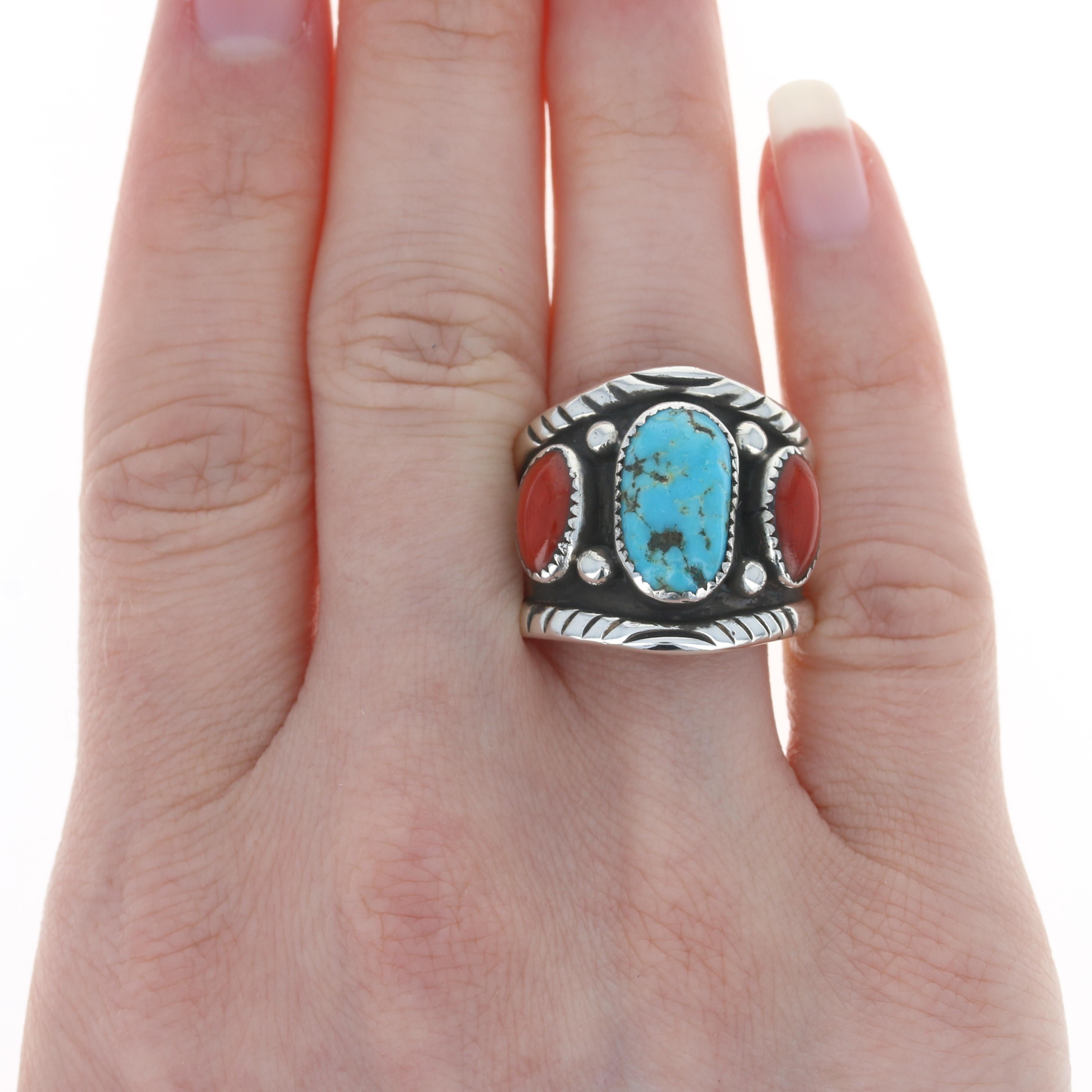 Size: 10

Native American

Metal Content: Sterling Silver

Stone Information
Genuine Turquoise
Treatment: Routinely Enhanced
Color: Blue

Genuine Coral
Color: Orangey Red

Style: Solitaire with Accents
Features: Smooth & Etched