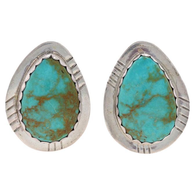 Native American Turquoise Drop Earrings - Sterling Silver 925 Pierced For Sale