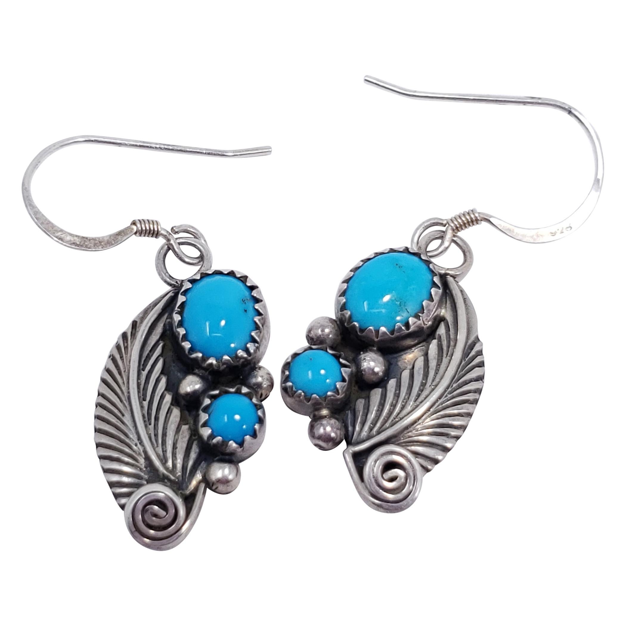 Native American Turquoise Feather Earrings, Sterling Silver, Hook, 20th Century