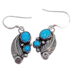 Native American Turquoise Feather Earrings, Sterling Silver, Hook, 20th Century