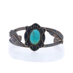 Native American Turquoise Feather Leaf Cuff Bracelet 7 1/2" - Sterling 925 Rope