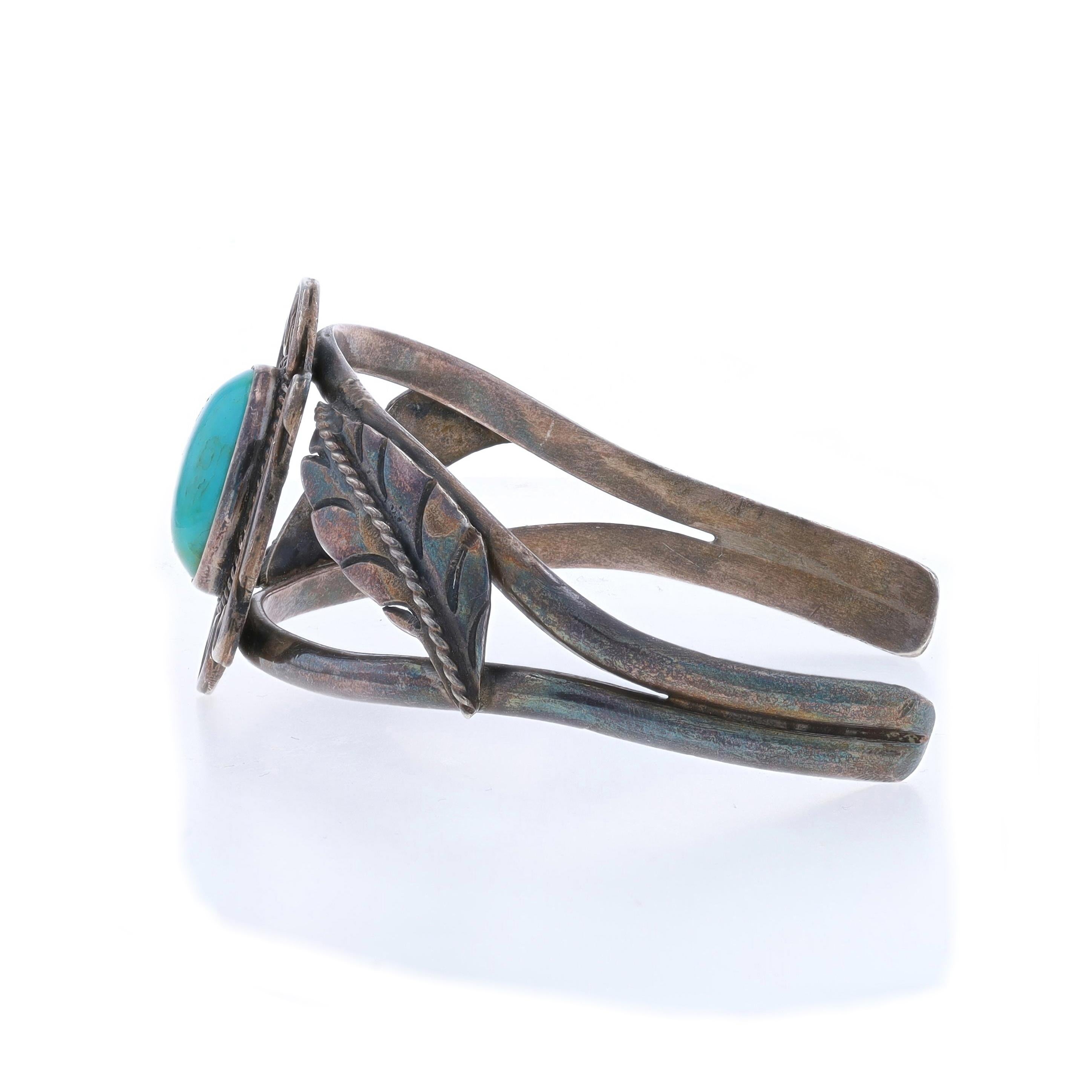 Taglio ovale Bracciale con foglie di piume di turchese dei nativi americani 7 1/2