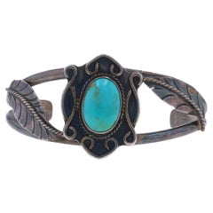 Native American Turquoise Feather Leaf Cuff Bracelet 7 1/2" - Sterling 925 Rope