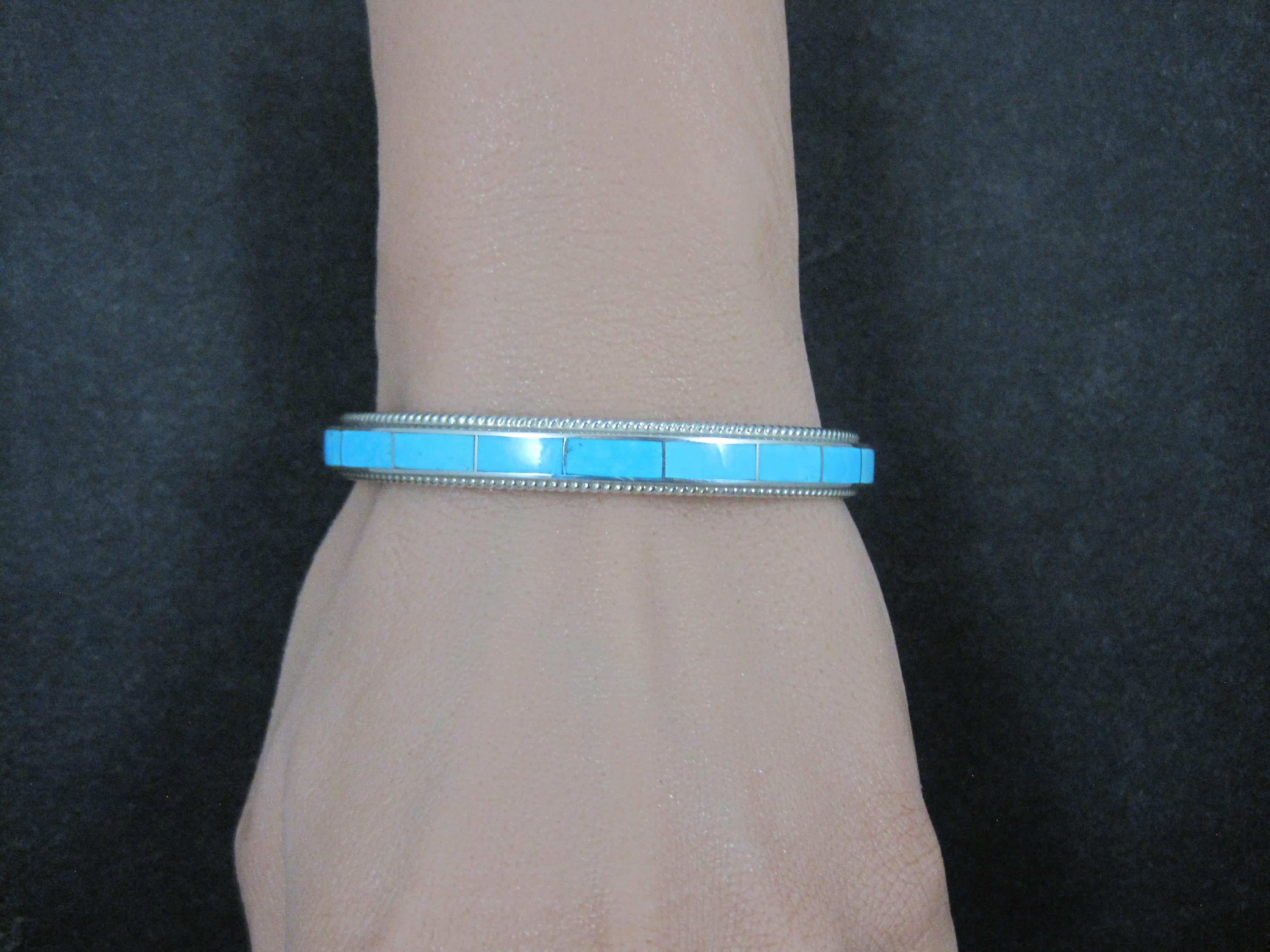 Native American Türkis Inlay Manschettenknopf Armband 6 Zoll Zuni im Angebot 5