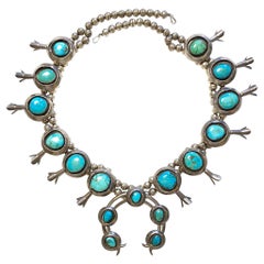 Native American Turquoise Old Pawn Navajo Squash Blossom Collier en argent 925