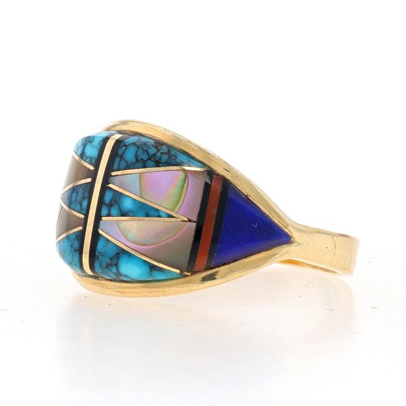 Mixed Cut Native American Turquoise Onyx Lapis Coral Ring - Yellow Gold 14k Inlay Sz 6 3/4
