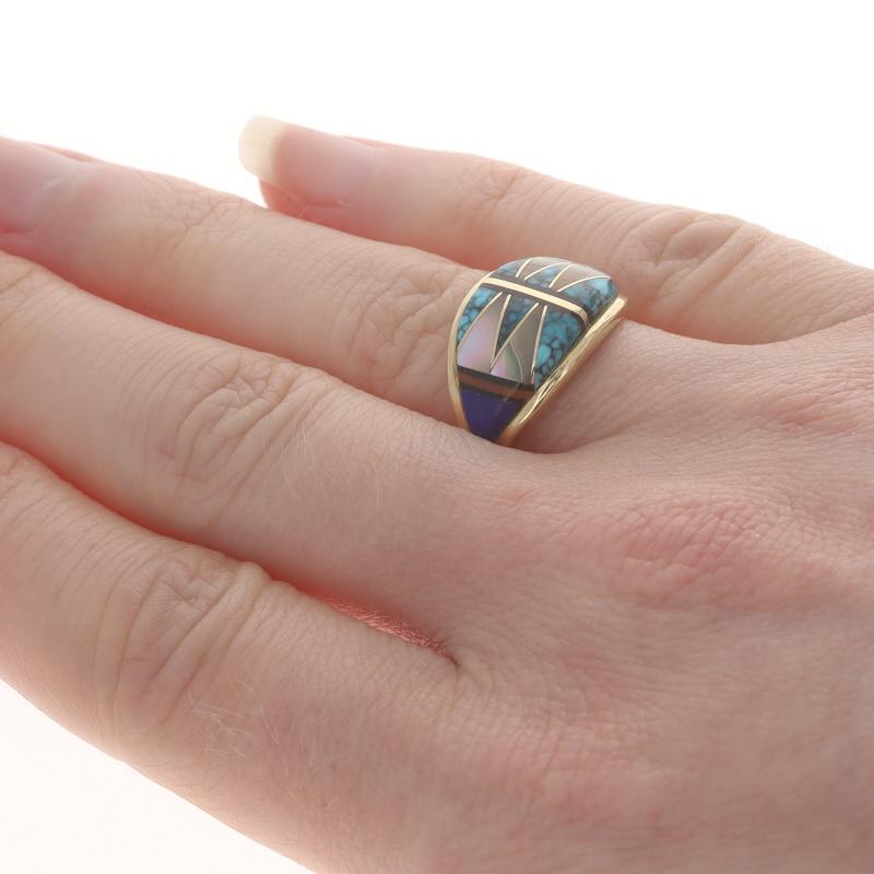 Native American Turquoise Onyx Lapis Coral Ring - Yellow Gold 14k Inlay Sz 6 3/4 In Good Condition In Greensboro, NC