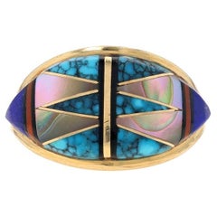 Native American Turquoise Onyx Lapis Coral Ring - Yellow Gold 14k Inlay Sz 6 3/4