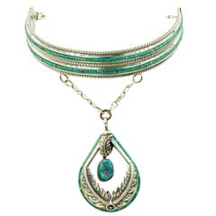 Native American Turquoise Silver Dangle Pendant Princess Collar Choker Necklace