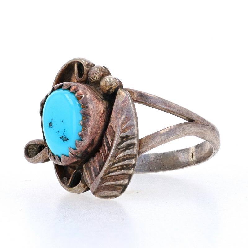 Native American Turquoise Solitaire Ring - Sterling Silver 925 Feather Size 3 In Good Condition For Sale In Greensboro, NC