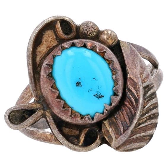 Native American Turquoise Solitaire Ring - Sterling Silver 925 Feather Size 3 For Sale